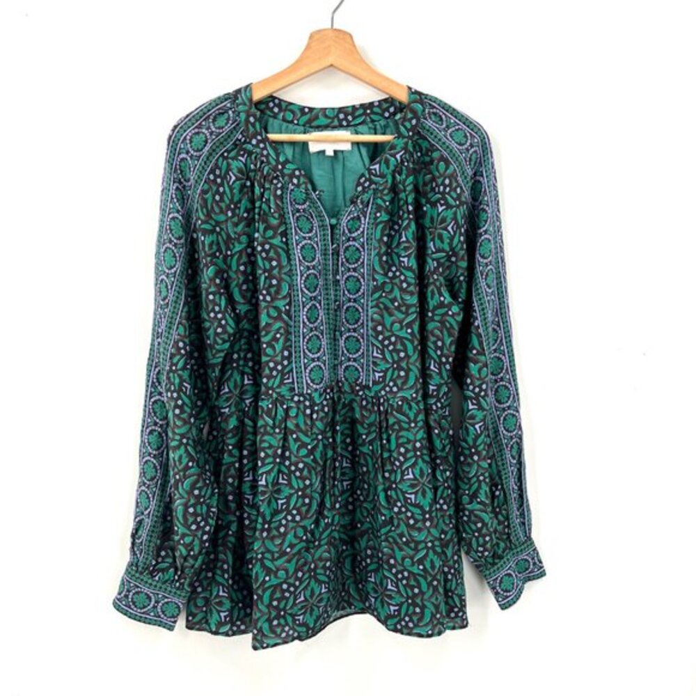 Anthropologie Xirena Arden hippy blouse silk blend tunic top boho green purple L
